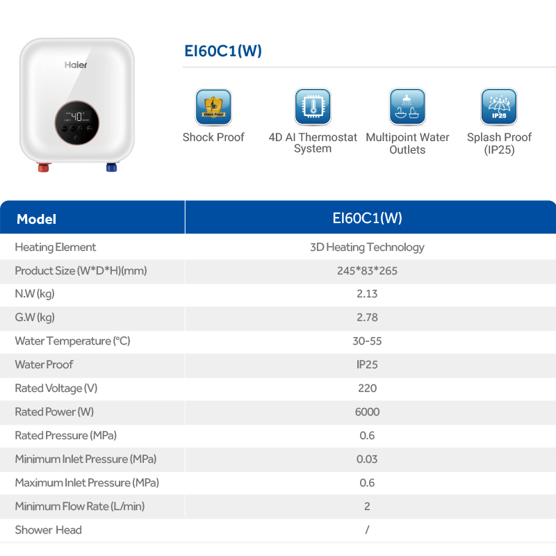 Haier Intelligent Control Under Kitchen Sink Small Instant Geyser Electric Tankless Hot Water Heater