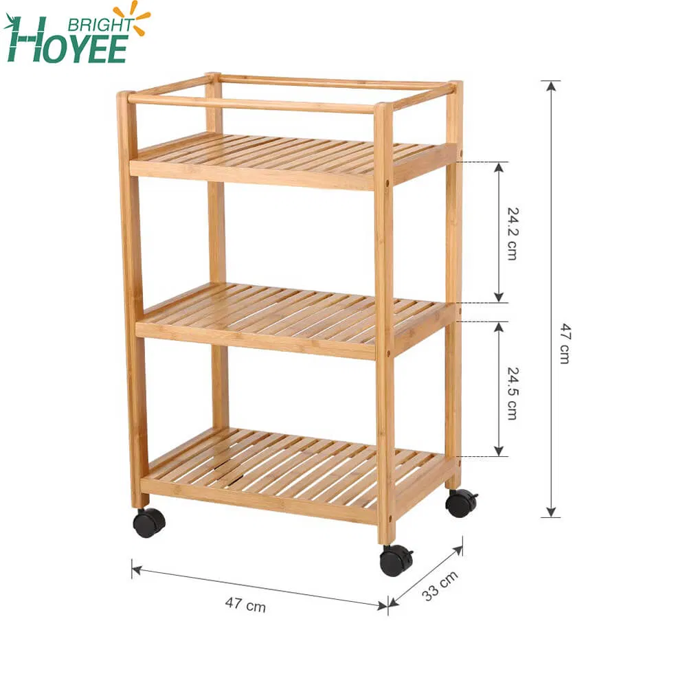 Bamboo 3 Tier Rolling Utility Service Cart Storage Shelf with Removable Hooks and Lockable Wheels