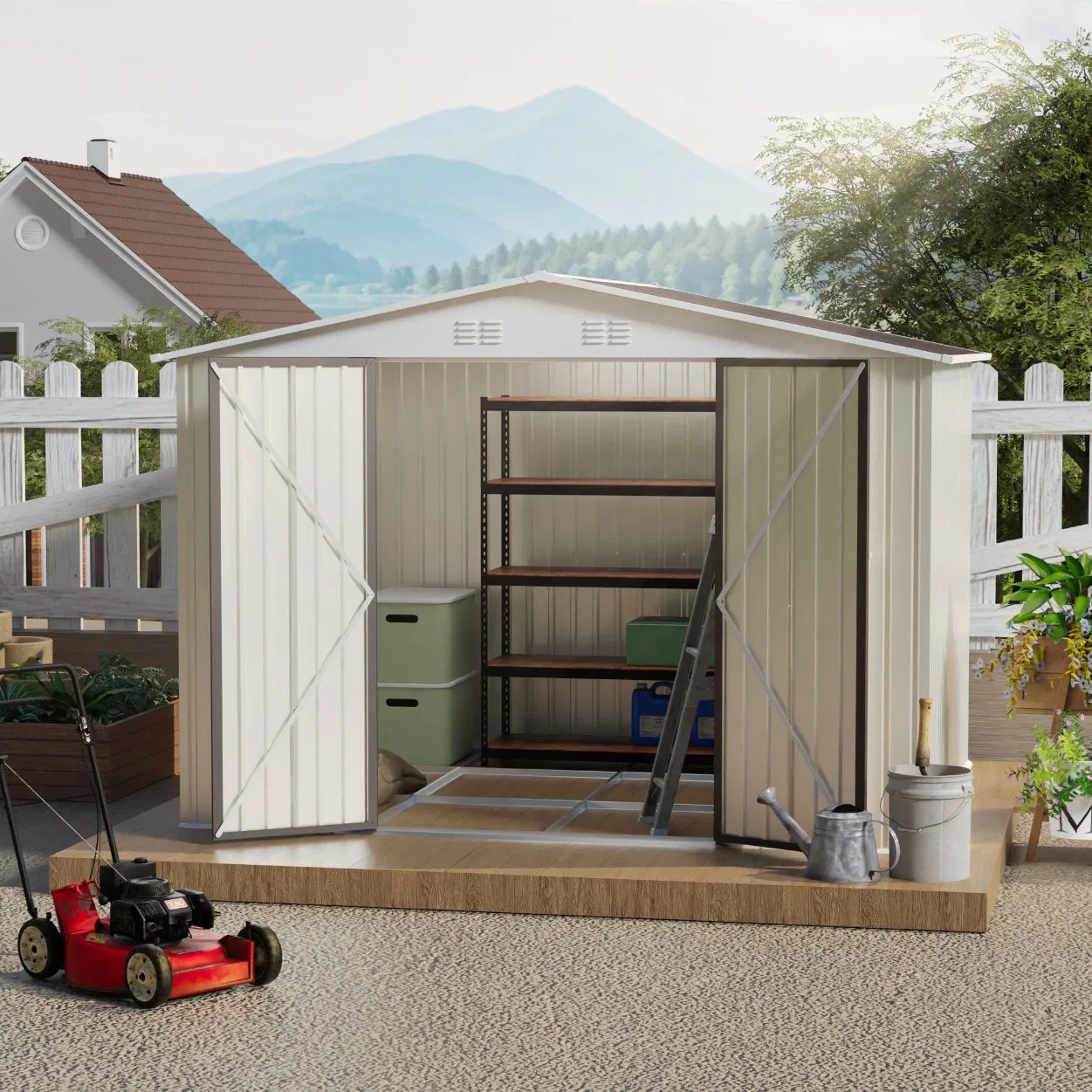 10*8FT Heavy Duty Garden Tool House with Shelving System Ideal for Gardening Equipment Organization Home Shed