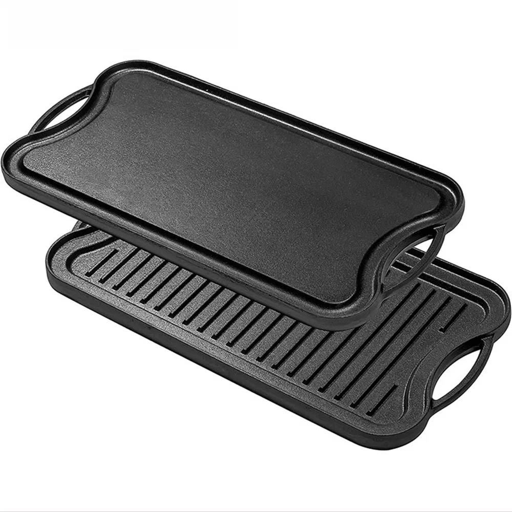 Cast Iron Outside Camping Cookware Nonstick Rectangular Cast Iron Steak Fire Grill Griddle BBQ Plate with Handle