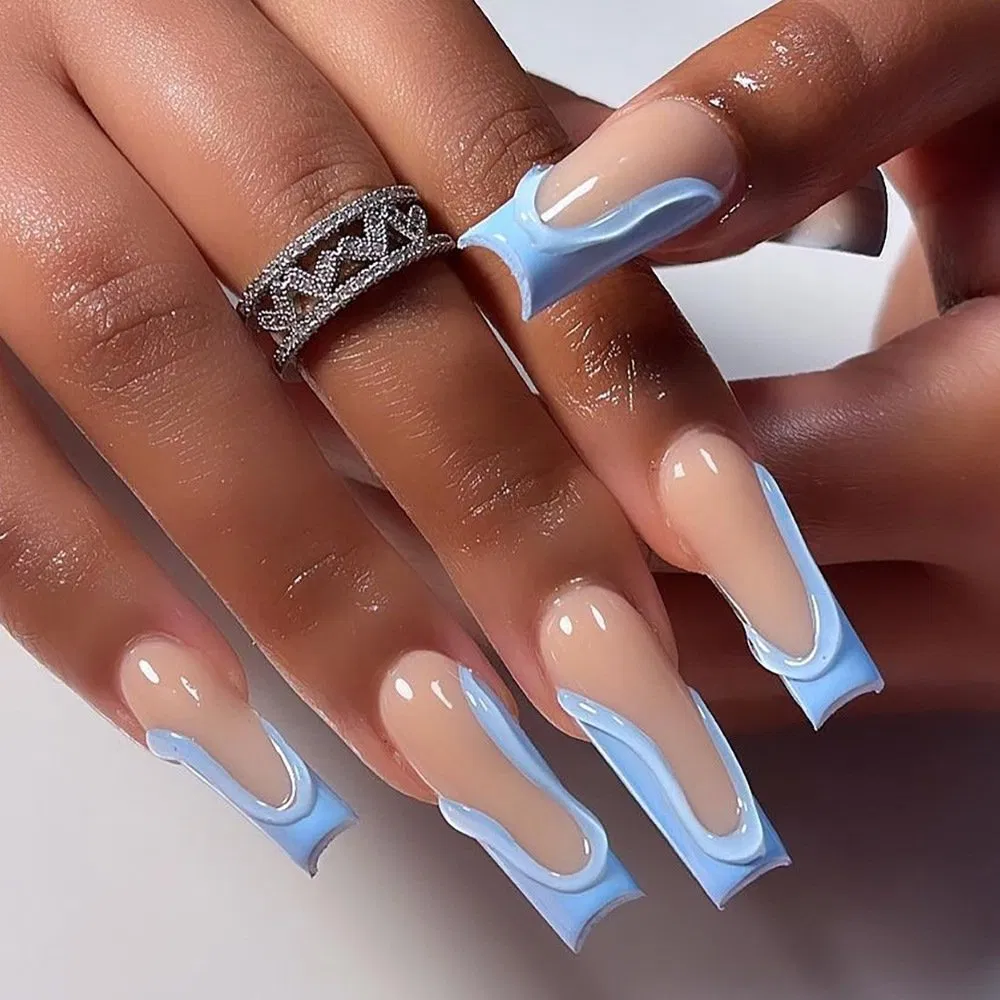 3D French Sky Blue Nail Wearing False Nails