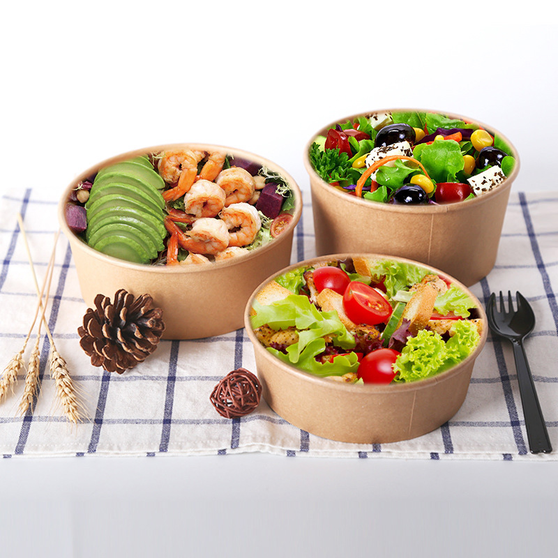 100% Natural 1000ml Disposable Paper Tableware 150mm Diameter Kraft Paper Salad Bowl