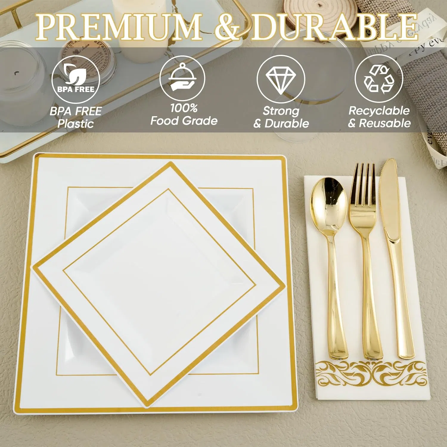 Elegant Square Gold Rimmed Disposable Plates for Events