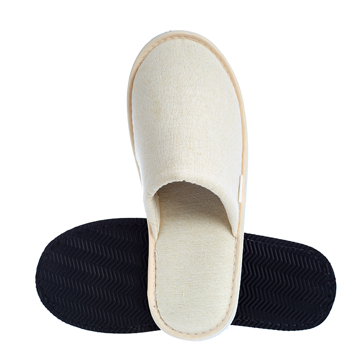 Custom Logo Luxury Non Slip Rubber Sole Canvas Fabric Guest SPA Disposable Closed Toe Slippers for Hotels