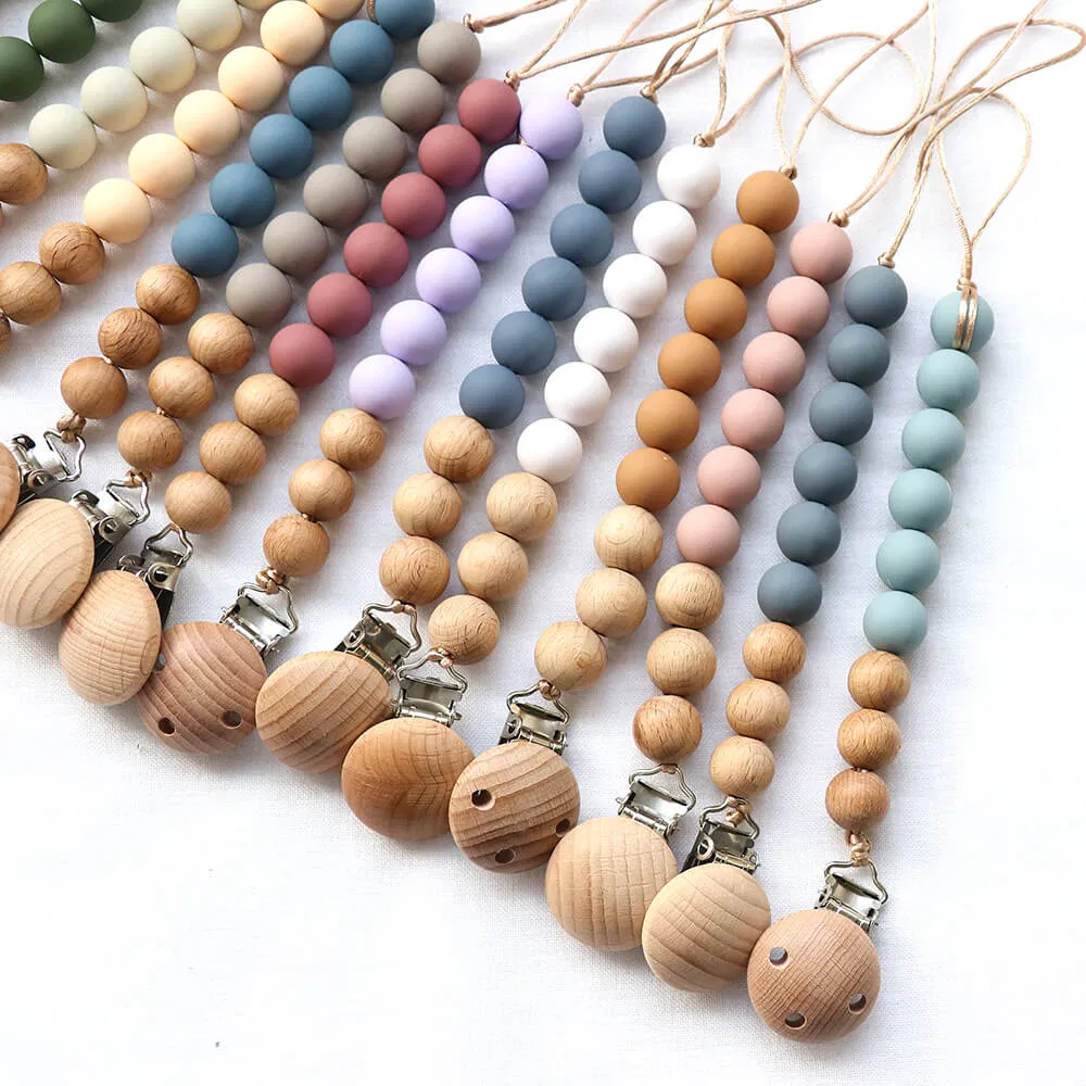 Wholesale DIY Silicon Wooden Ring Teether Baby Dummy Pacifier Clips