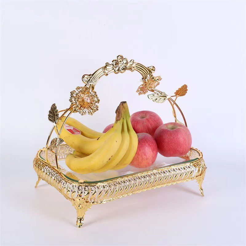 European Style Glass Iron Fruit Basket Portable Snack Metal Gold Turkish Serving Tray Storage