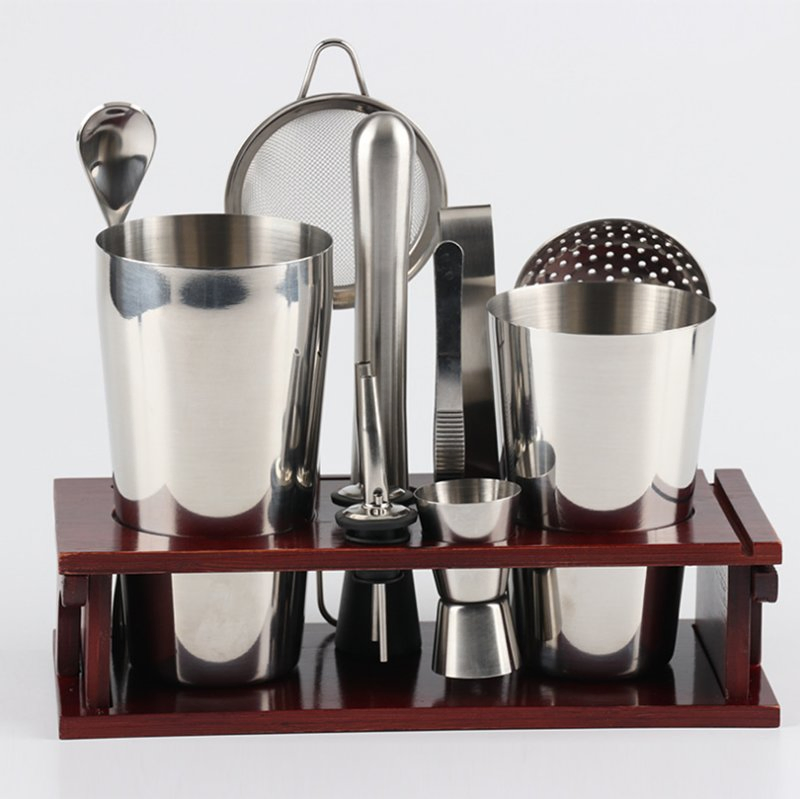 Stainless Steel Bartender Kit Cocktail Shaker Bar Set with Wood Stand
