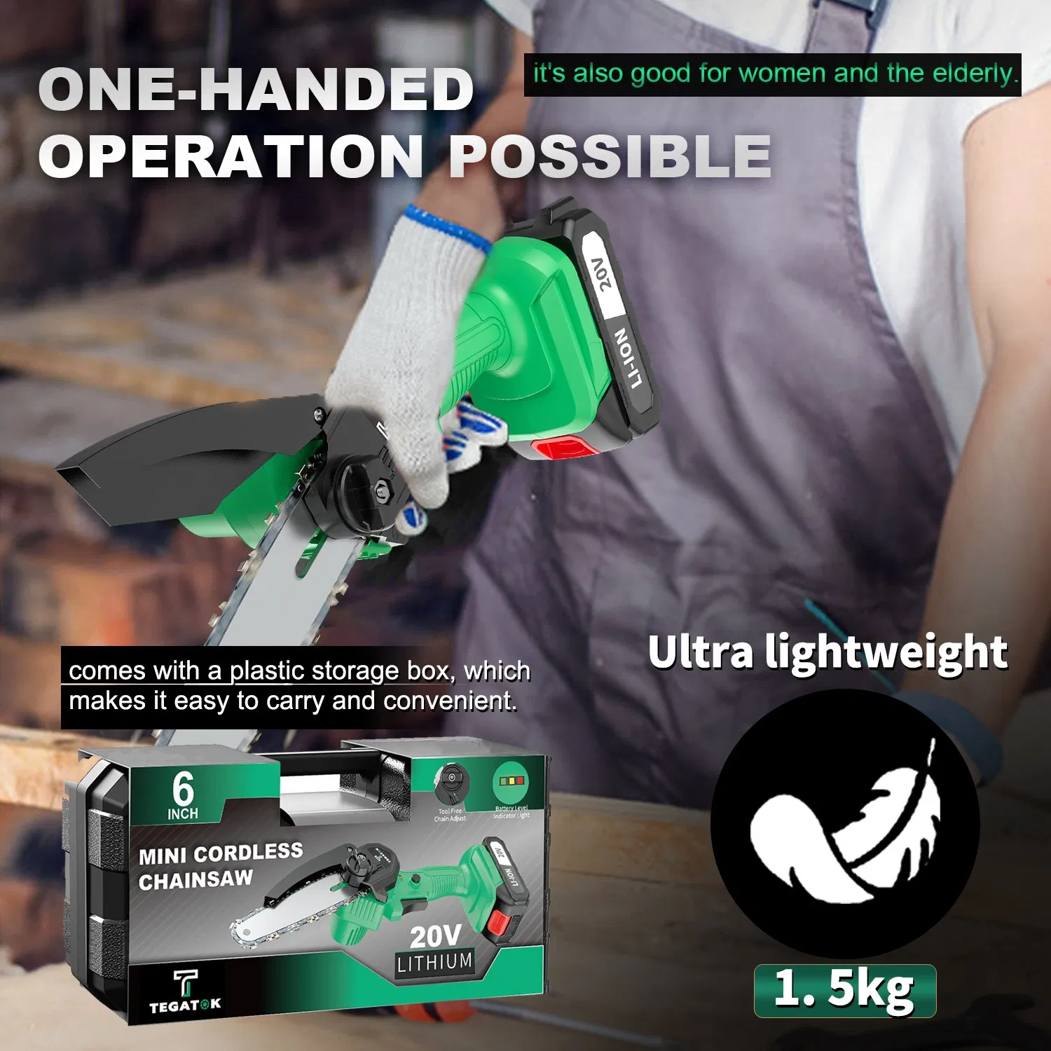 Аккумуляторная цепная пила 20В для резки дерева