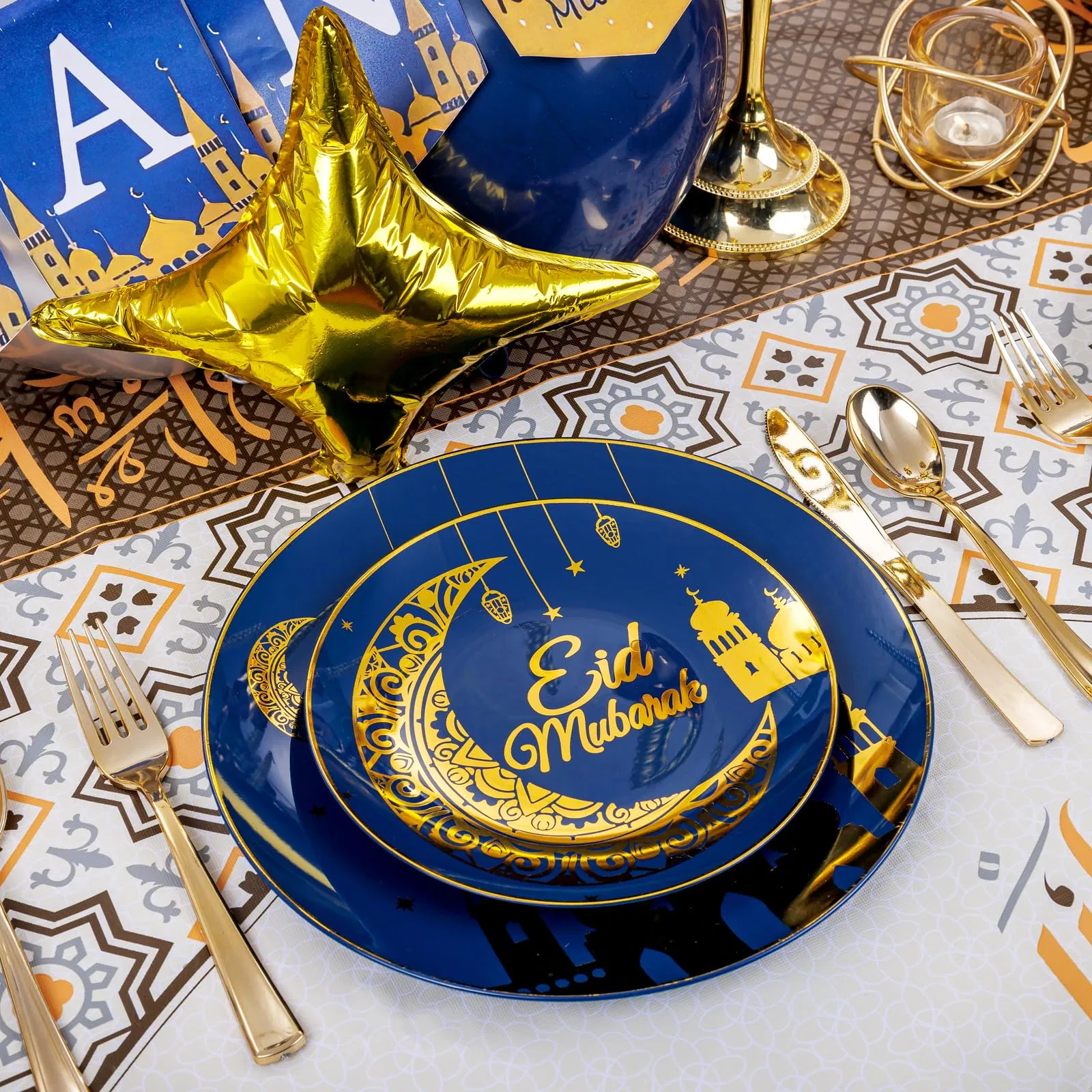 Nervure 125PCS Ramadan Plastic Plates - Eid Mubarak Plates - Blue Gold Plates Include 50PCS Plates 25PCS Spoons 25PCS Forks 25PCS Knives for Ramadan Mubarak Tab