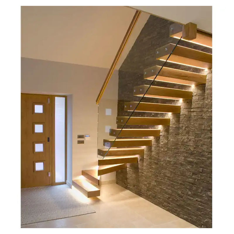 Factory Prefabricated Modern Luxury Outside Metal Stairs Customized Glass Straight Staircase with Design Wooden Curved Handrail Indoor Floating High End Wood