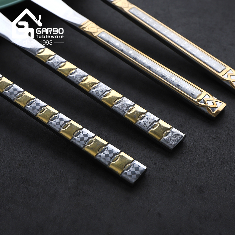 China Supplied 13/0 Stainless Steel Dinner Knife for Meat Food Cutting Luxury Flatware with Gold Handle Table Knife 6PCS PVC Bag Pack Knife Set
