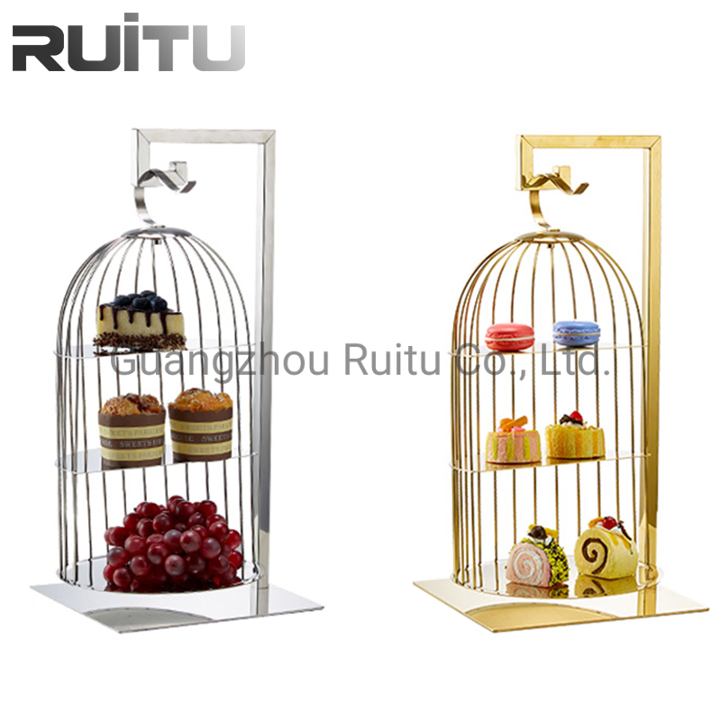 Buffet Catering Decorative Unique Hanging Gold Silver Bird Cage Cake Dessert Display Shelf Afternoon High Tea Stand