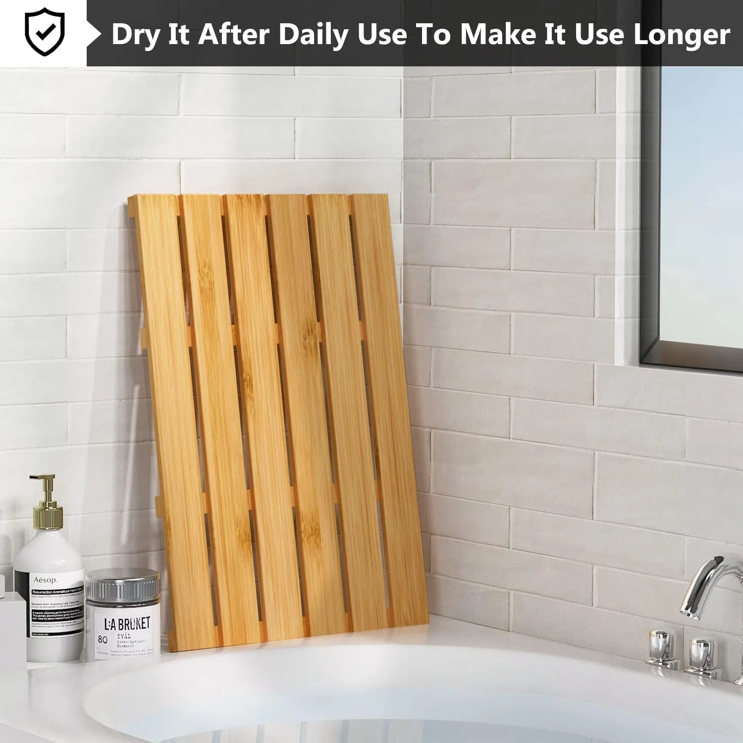 Bamboo Shower Mat with Large Waterproof Bath