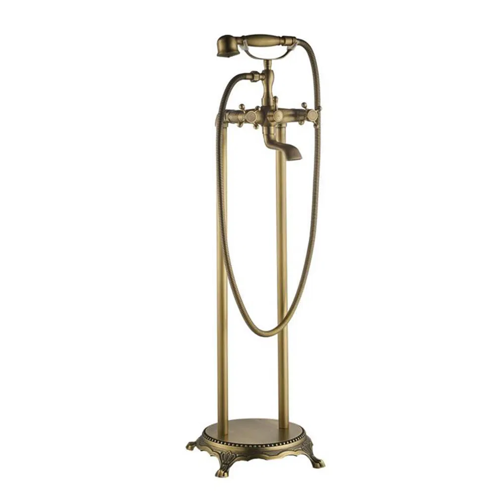 Antique Bathroom Brass Double Handle Telephone Hand Shower Freestanding Bath Faucet