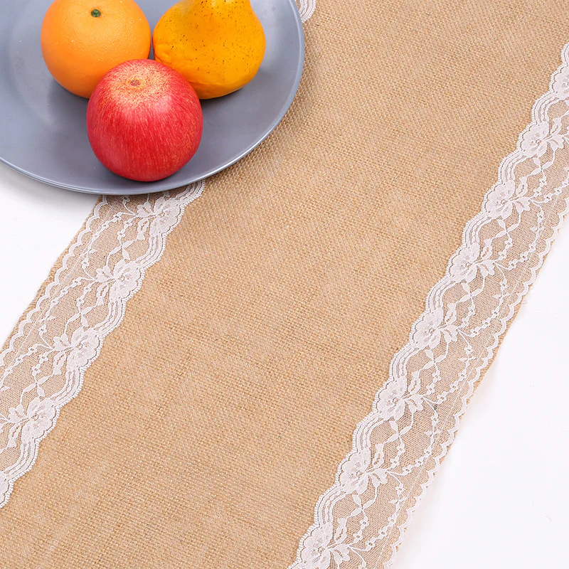 12-Inch Natural Burlap Lace Jute Table Runner Elegant Wedding Decorative Accessory