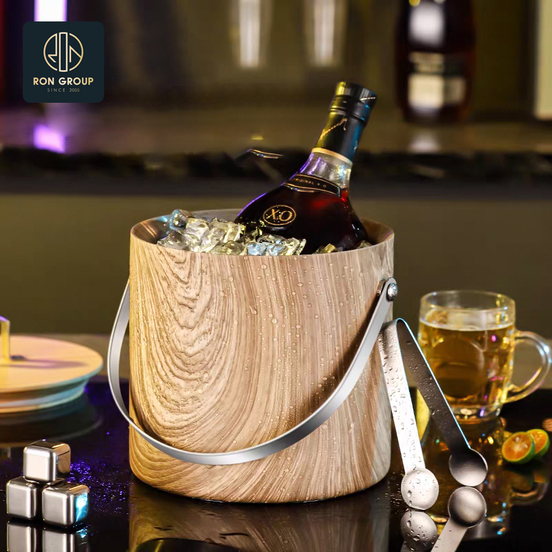 Wholesale 2L Double-Layer Peach Wood Grain Ice Bucket with Wooden Lid Stainless Steel Commercial Barware