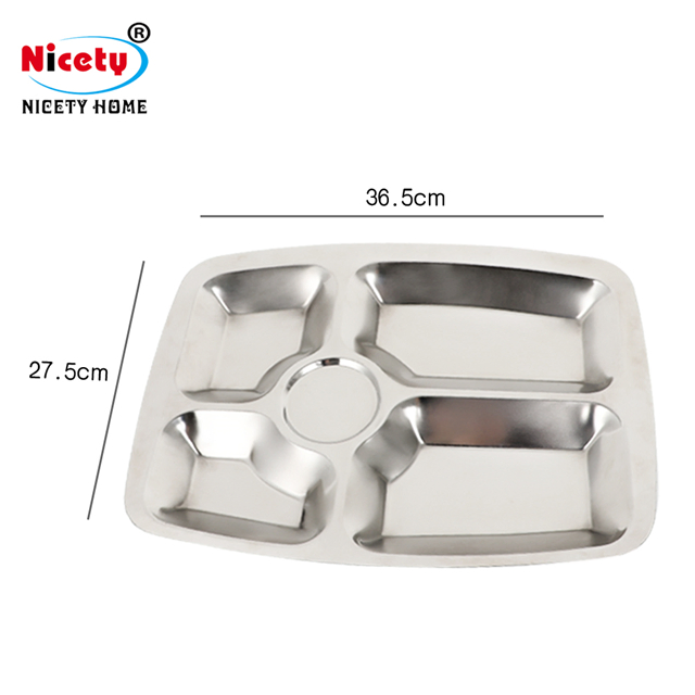 Tableware Divided Metal Food Lunch Tray Stainless Steel 5 Meal Compartments Dinner Plates
