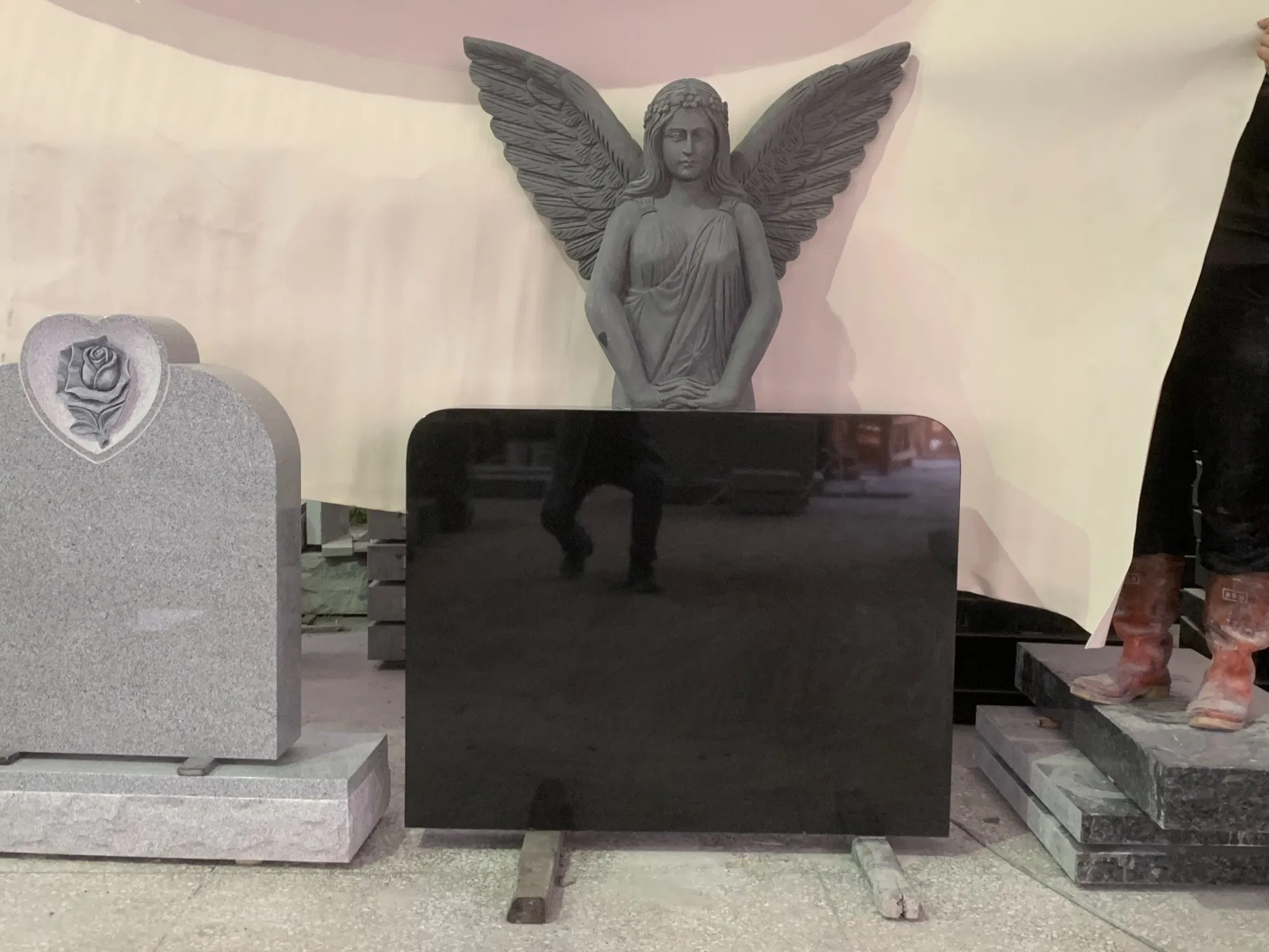 Black Galaxy Granite Tombstone Angel with Heart Headstone