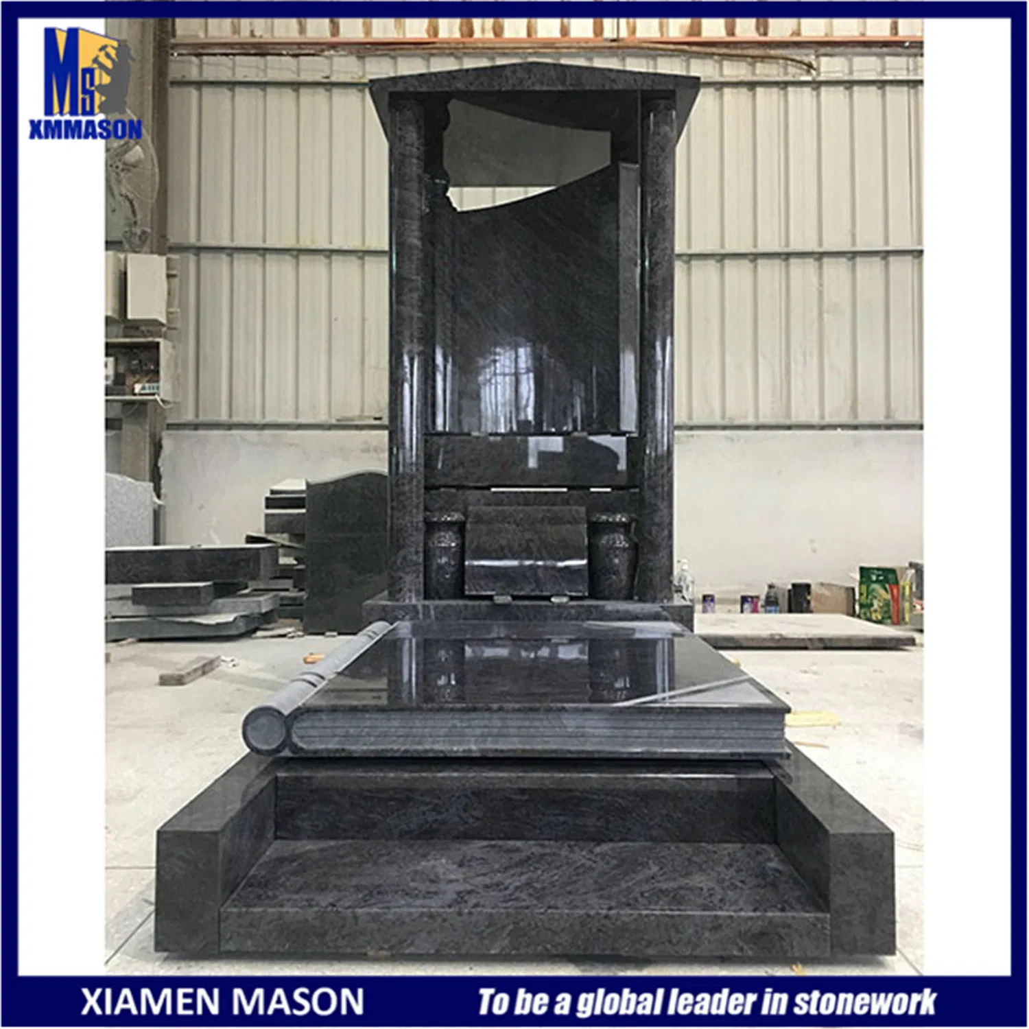 Western Style Black Granite Tombstone with Pillar Sculptures