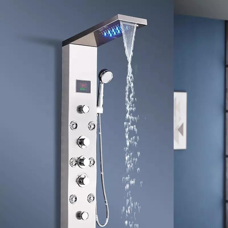 Shower Panel Temperature Display Bathroom Wall Mounted Stainless Steel Waterfall Shower Column Set Tower Jets LED Shower Panels