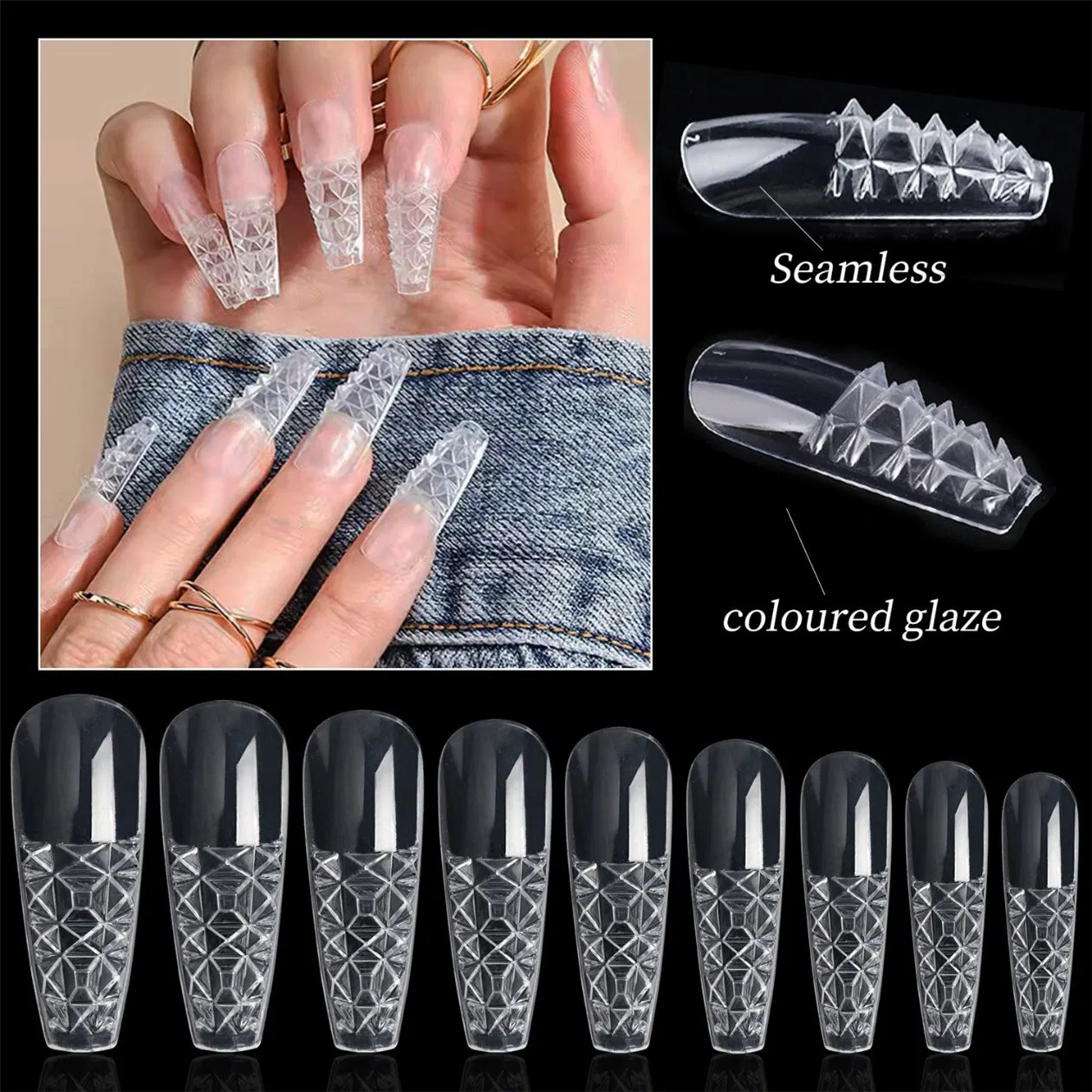 3D Crystal Glass Fake Nails Long Pointed Concave and Convex 120 Boxes of Transparent Trapezoid.