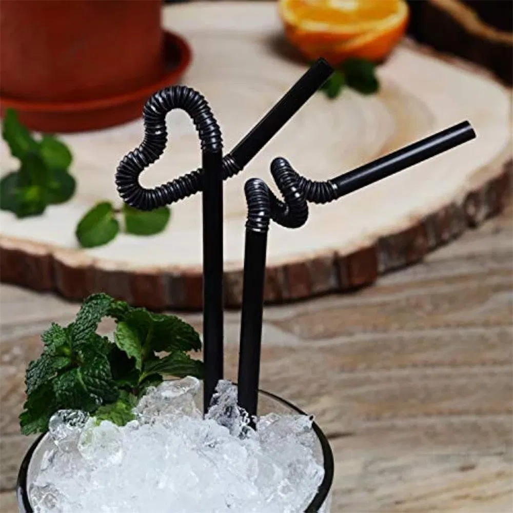 China Manufacturer Wholesale Biodegradable Disposable Plastic Popular Flexible Black Atistic Drinking Straw for Party and Coffee Shop
