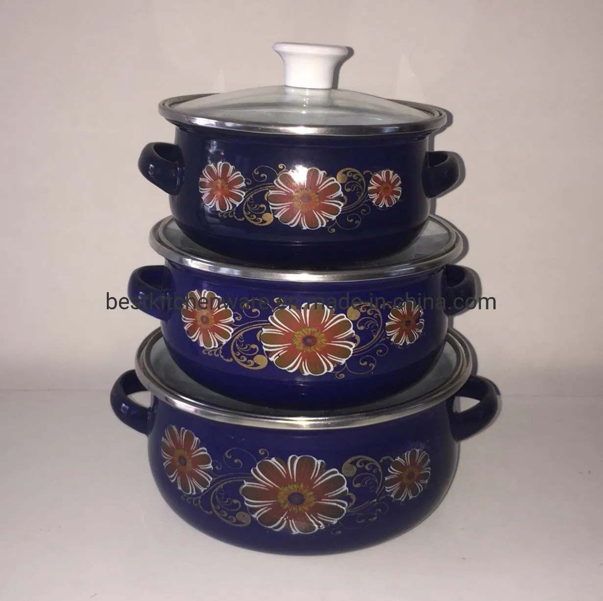 3PCS Dark Decals Two Handle Flower Carbon Steel Enamel Pot