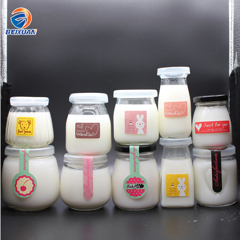 Portable 100ml Flat Clear Thick Bottom Yogurt Glass Cup with Pet Caps