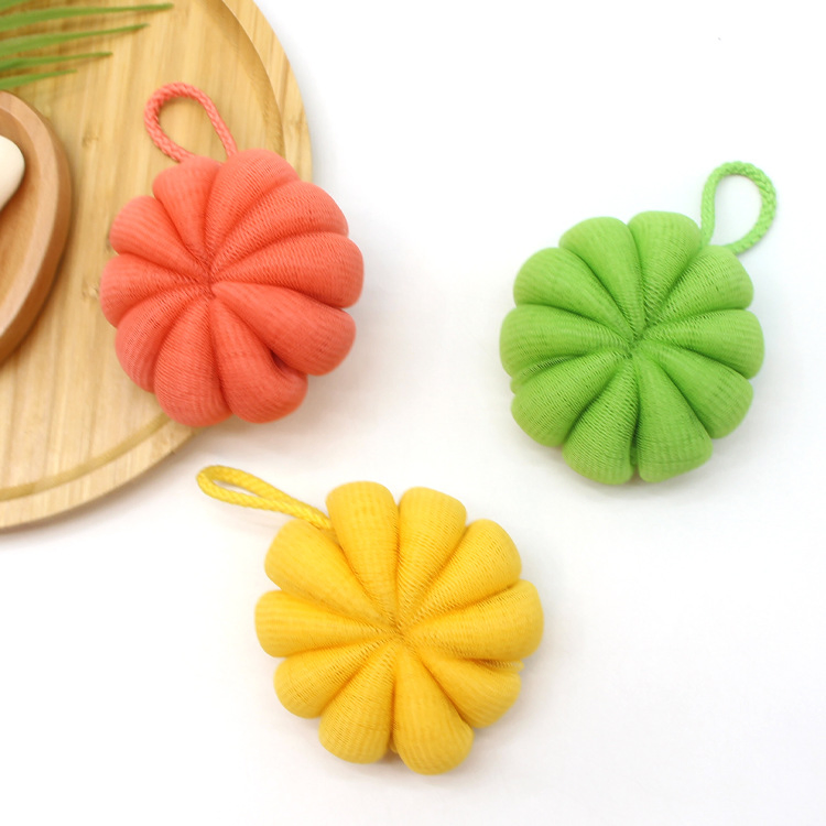 Orange Pumpkin Shaped Flexibly Mesh Shower Puff for Body Cleaning