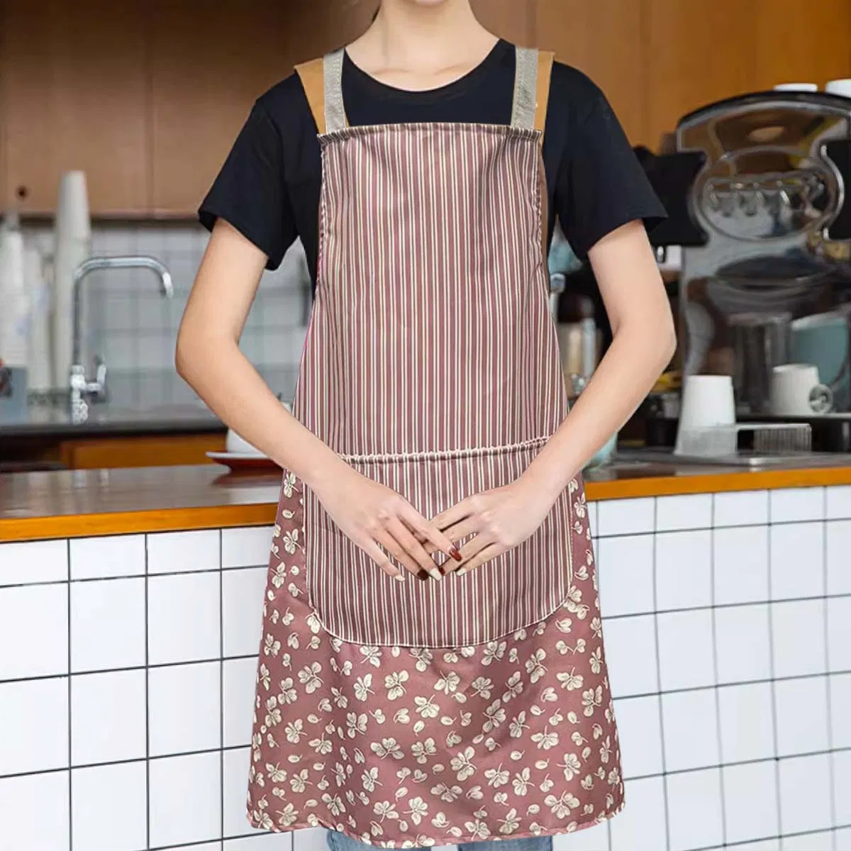 Household Anti-Stain Adult Fashion Work Clothes, Kitchen Multi-Apron, Striped and Floral Simple Apron