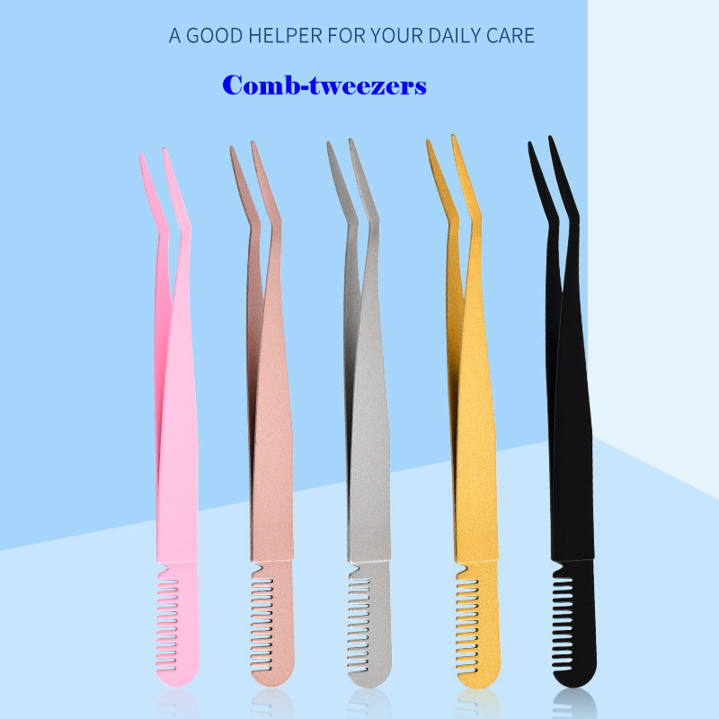 Slanted Tip Stainless Steel Eyebrow Shaping Lash Eyelash Extension Tweezers with Comb