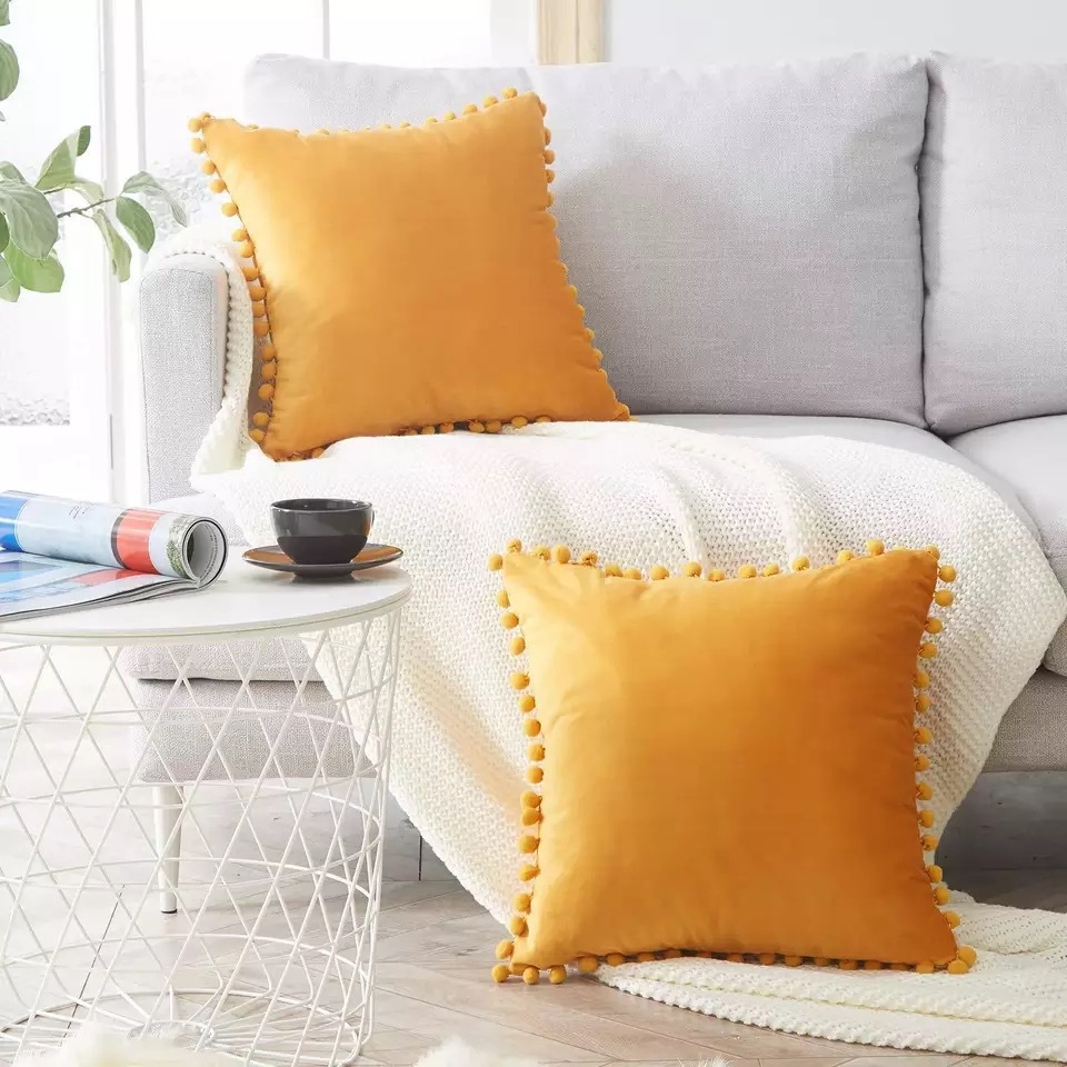 Throw Pillow Covers Decorative POM-Poms Soft Velvet Farmhouse Boho Pillow Covers
