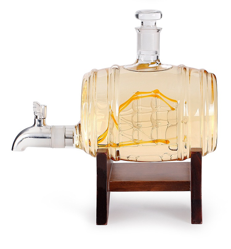 Wine Barrel Shape 1000ml Dispenser Handmade Transparent Barrel Decanter with Metal Faucet for Wine Drinking Type Bottle