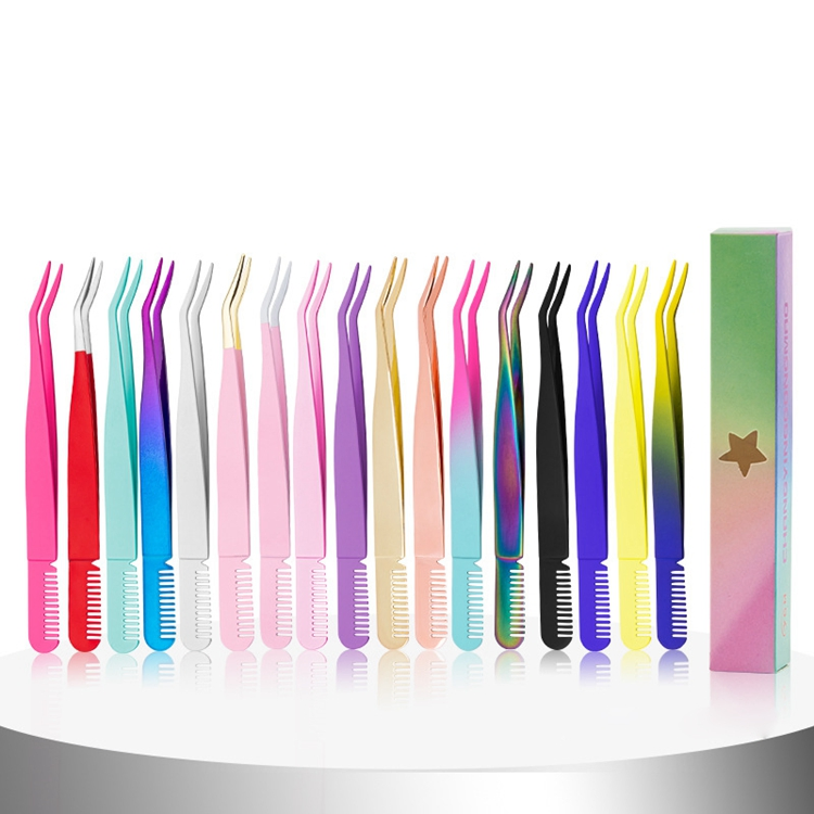 Colorful High Quality Eyelashes Nipper Eyebrow Tweezers with Comb Magnetic Eyelash Tweezers Private Label