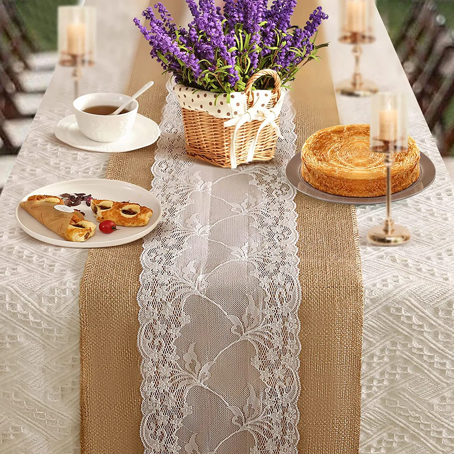 12 Inch Width Natural Burlap Lace Jute Table Runner for Wedding