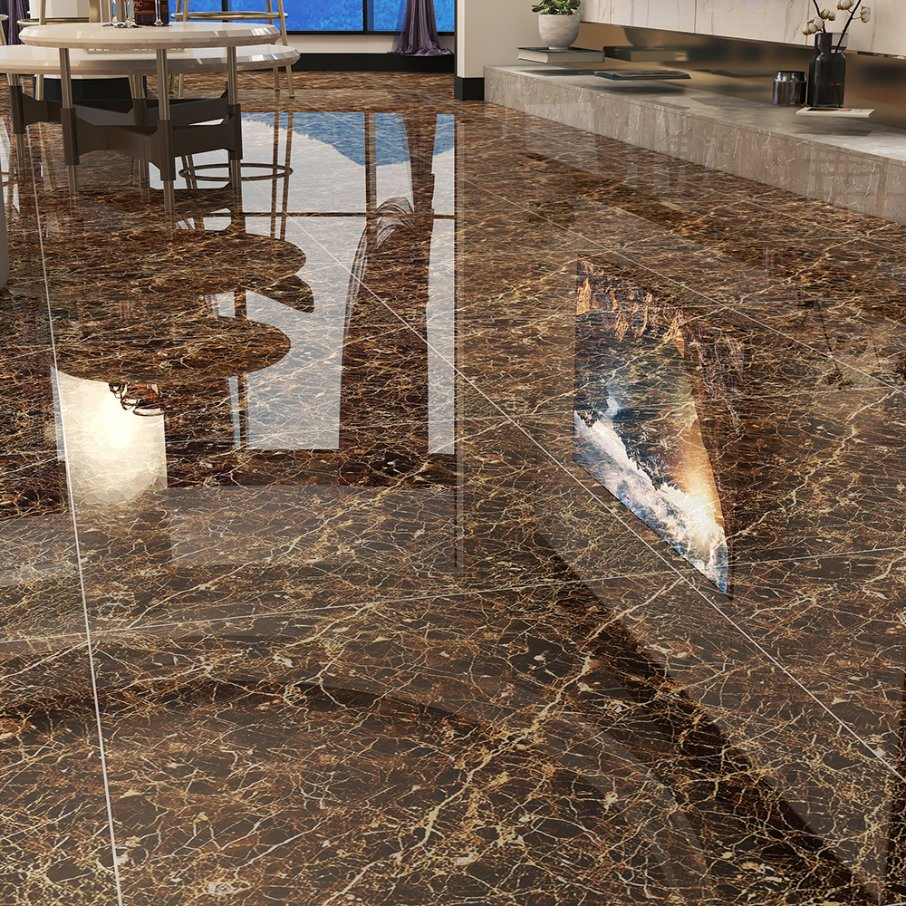 Kewent High Glossi Dark Brown Ceramic Porcelain Floor Tiles for Living Room