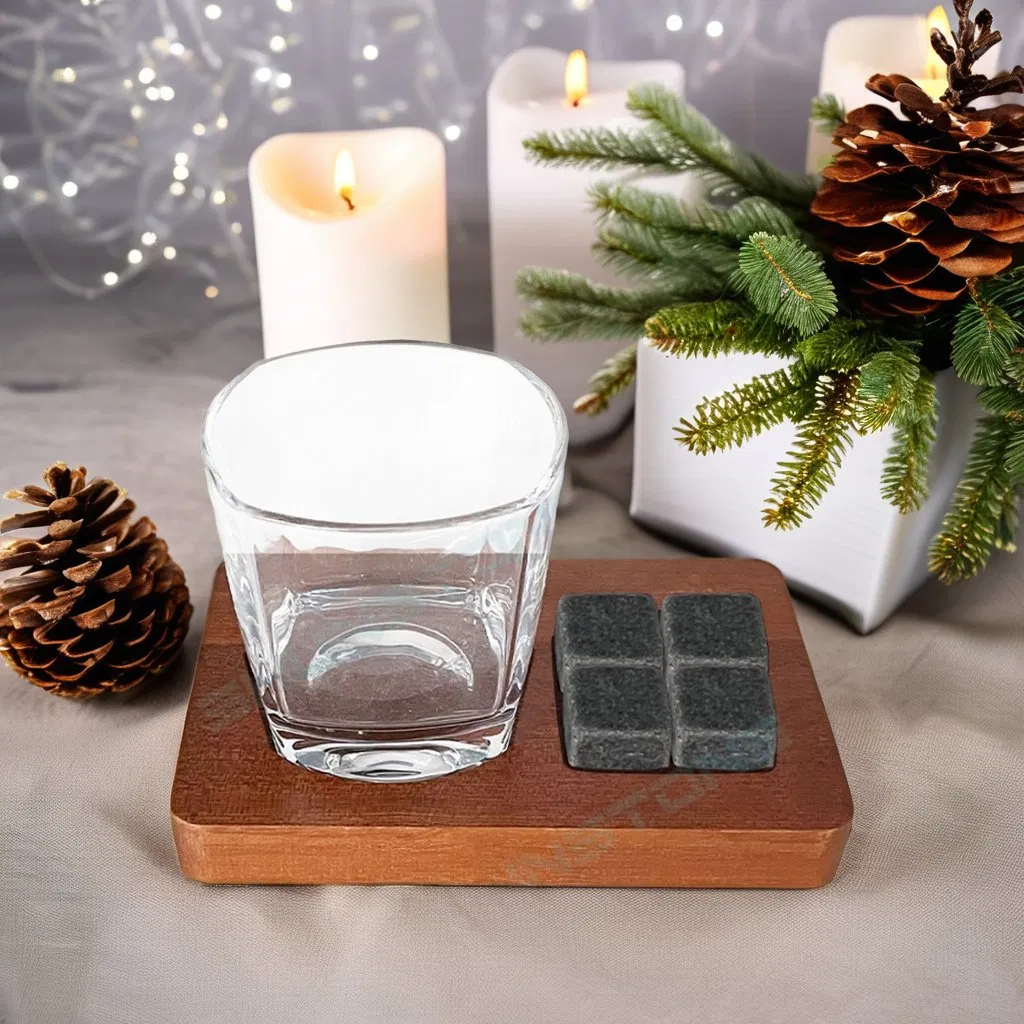250ml Square Crystal Whiskey Glass and Reusable Chilling Whiskey Stone Rocks with Wooden Display Tray Birthday Gift Set for Men