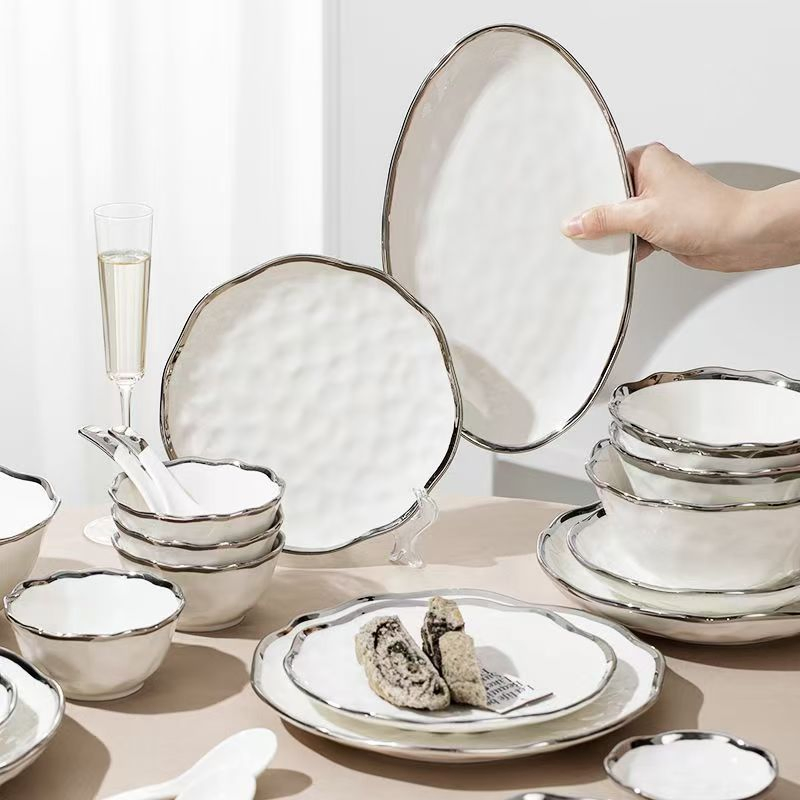 Luxury White Porcelain Dinner Set Featuring Elegant Silver Edging