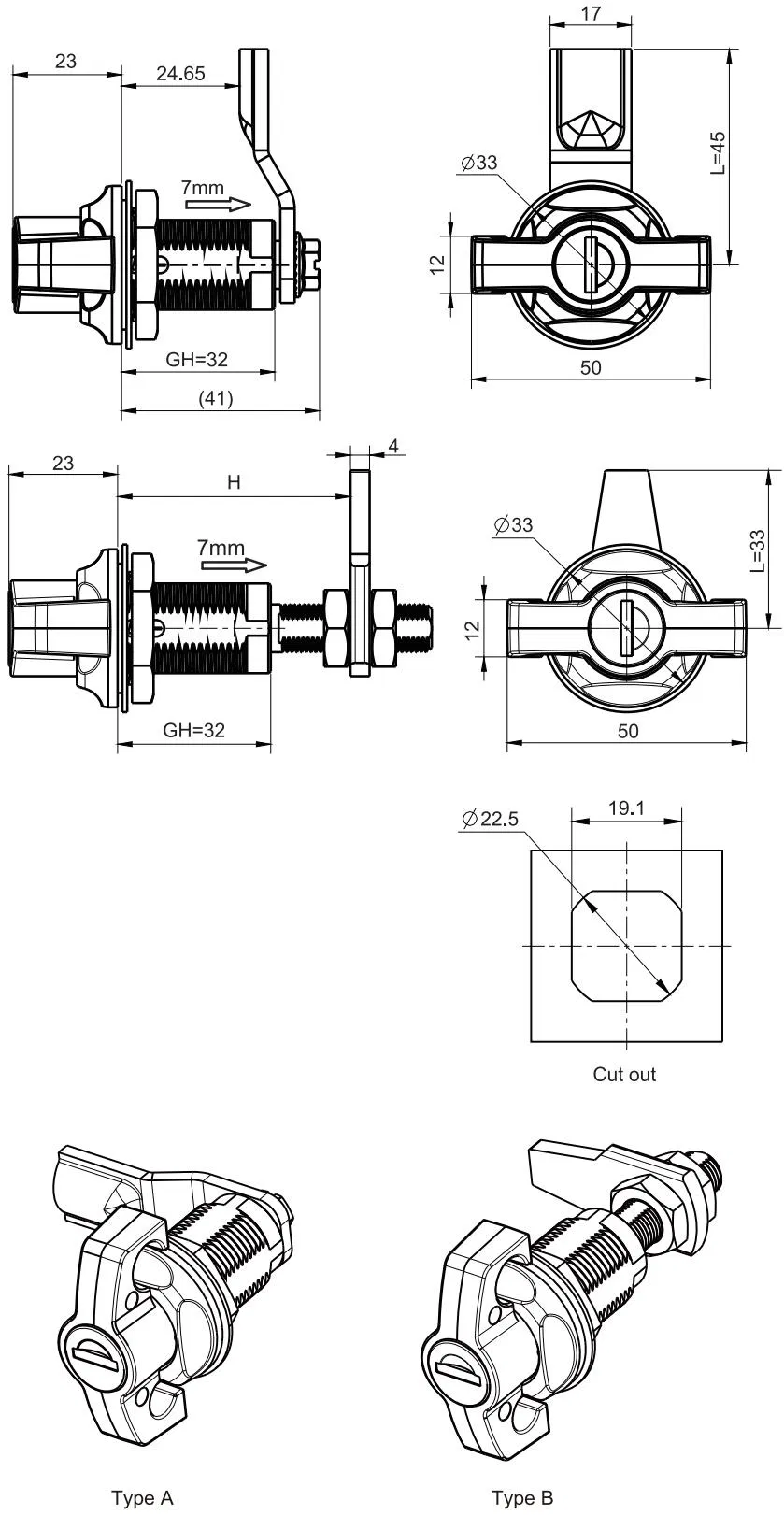 Zinc Alloy Textured Black Spraying Cam Latch Electrical Box Panel Cabinet Control Electronic Wing Knob Key Compression Lock