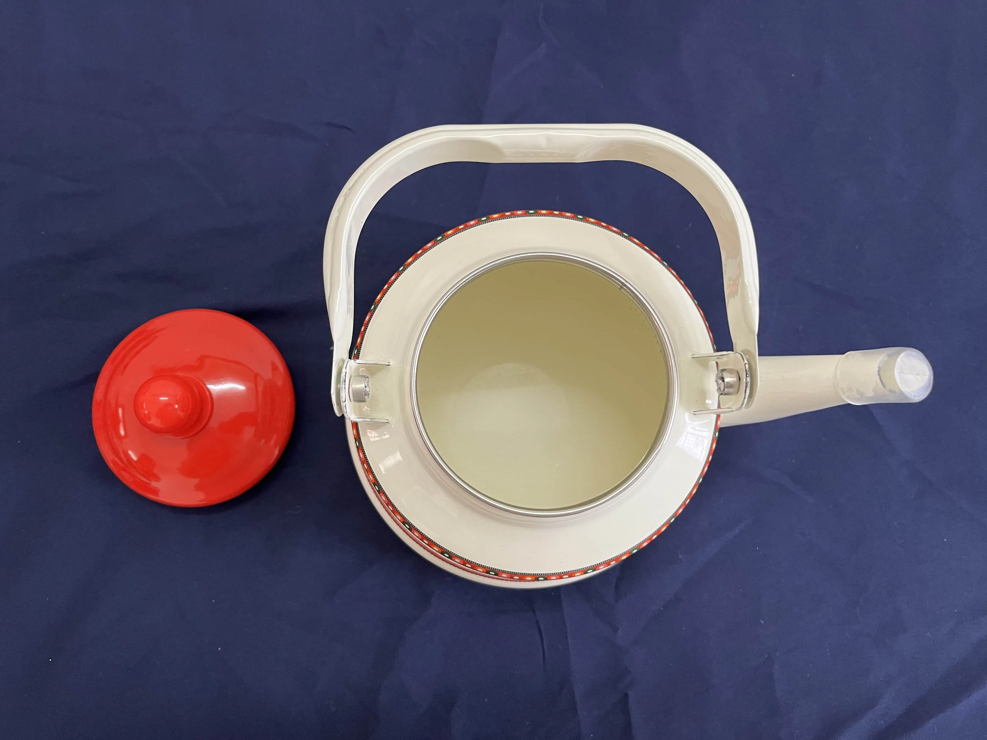 Cream White Enamel Teapot with Symmetrical Pattern and Red Lid