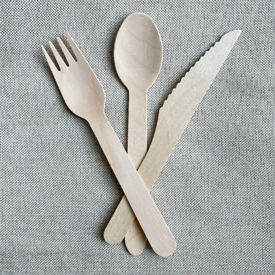 Disposable Biodegradable Flatware Including Spoon Fork Knife Made From Birch Wood