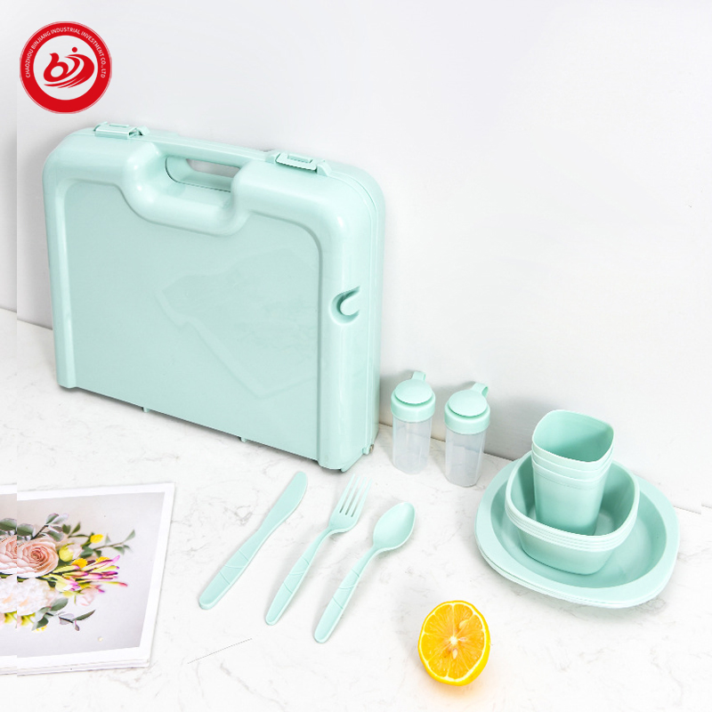 9 PCS Set Outdoor Plastic Cutlery Plates Set Camping Cutlery Picnic with Portable Box Foldable Desk and Handle