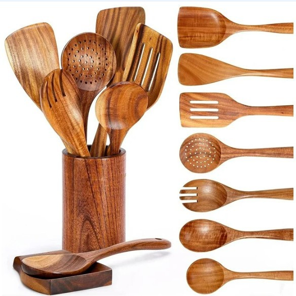 Eco-Friendly Teak Wood 9-Piece Wood Kitchen Cooking Utensil Set with Holder Nonstick Durable Kitchen Tools