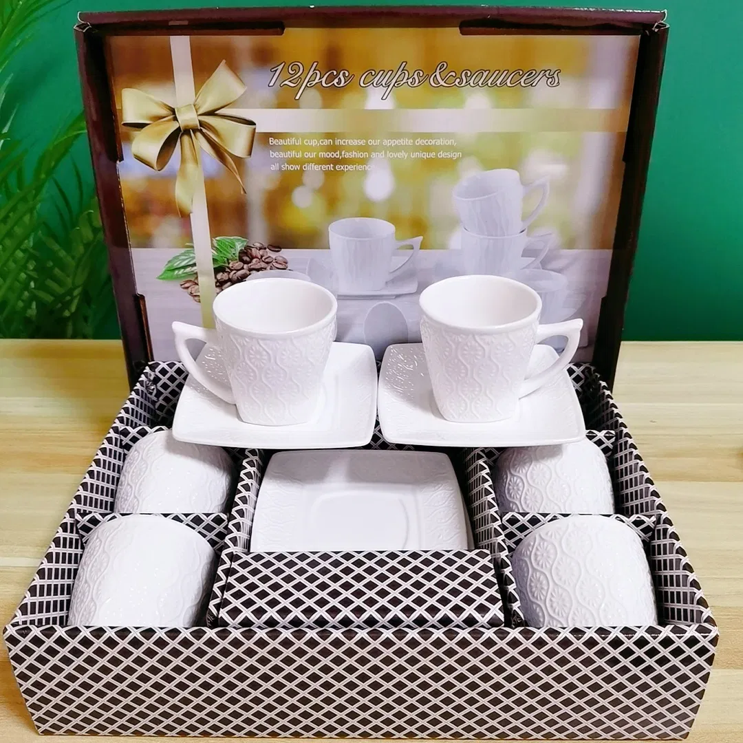 Low Price Hot Sell European Style Porcelain Espresso Cups White Simple Embossed Pattern 12PCS Ceramic Coffee Cups and Saucers in Gift Box