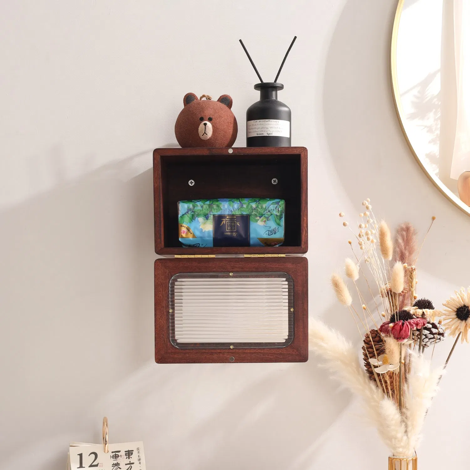 Sturdy Wooden Box Hosting Kitchen Tissue and Toilet Paper Roll Dispenser