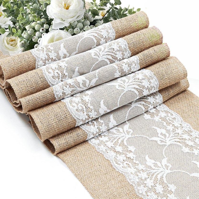 Wedding Party Jute Table Runner with Lace