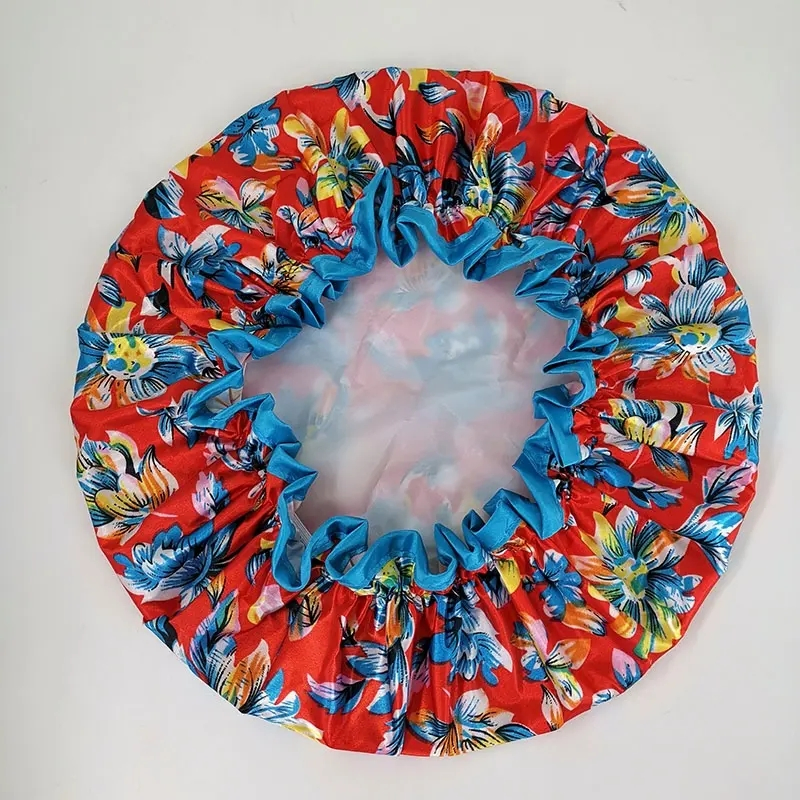 Popular Red Flower Printing Big Size Double Layer Bath Shower Cap