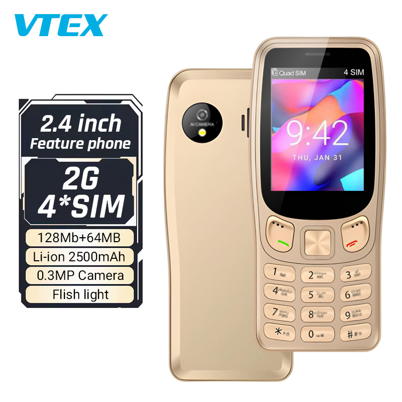 Кнопочный телефон 2.4 дюйма, 4 SIM, батарея 2500 мАч