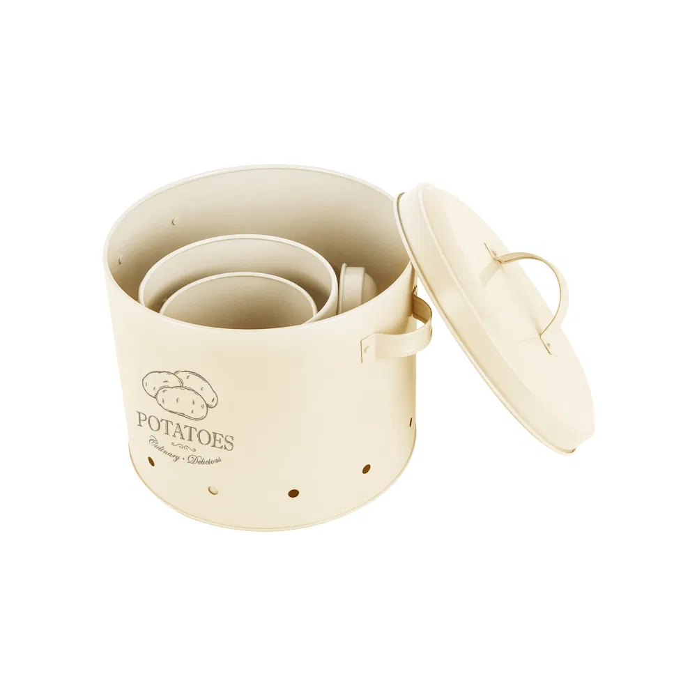 Set of 3 Antique White Vintage Metal Potato Onion Kitchen Storage Canisters