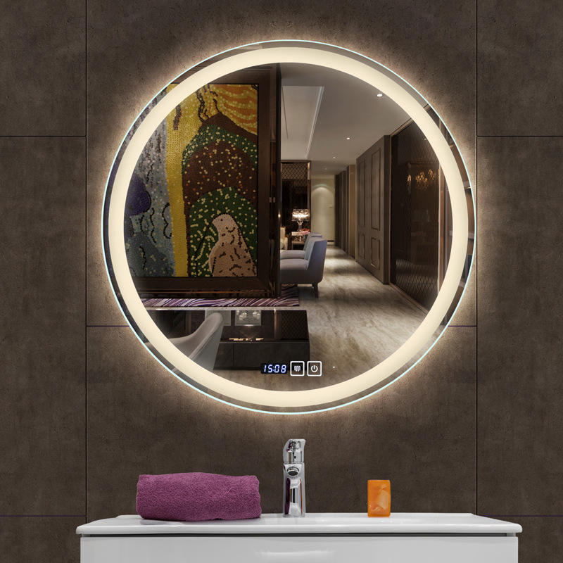 Modern Luxury Bath Mirrors Anti Fog Bathroom Vanity LED Illuminated Smart Mirror with Time Temperature Display